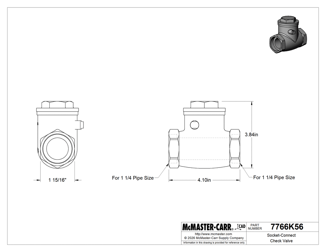 Technical Drawing of Socket-Connect Check Valve, 1-1/4 Pipe Size.